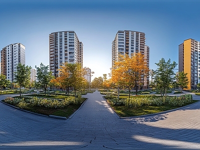 现代小区HDR 街景绿化步道全景