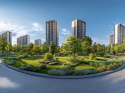 现代小区HDR 街景绿化步道全景