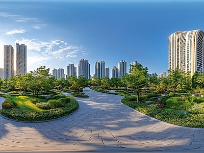 现代小区HDR 街景绿化步道全景