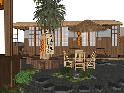 现代烧烤烤肉店 现代户外露营风 户外餐饮 竹椅 石子路