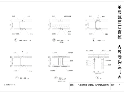 钢结构 单层石膏板内墙 隔墙 夹层 施工图