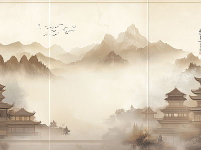 新中式硬包 新中式禅意水 中式建筑 硬包 壁画