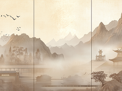 新中式硬包 新中式禅意水 中式建筑 硬包 壁画