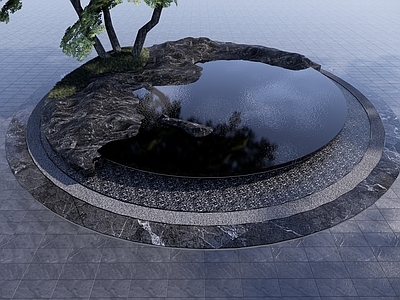 现代新中式水景 现代入口环岛水景 现代圆形跌级水景 现代圆形水景 现代置石环岛水景