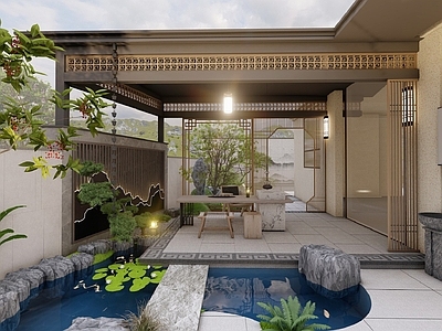 现代新中式别墅庭院 新中式庭院 新中式茶室 下沉庭院 穿孔铝板
