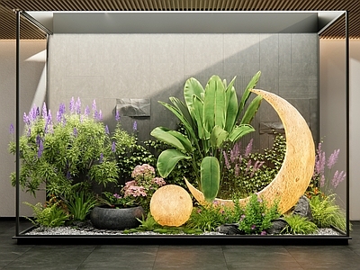 植物堆 室内植物造景 花境 月亮雕塑小品 花草 小品