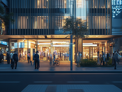 现代街道外景 现代城市街道夜景 商业街外景 人行道 道路