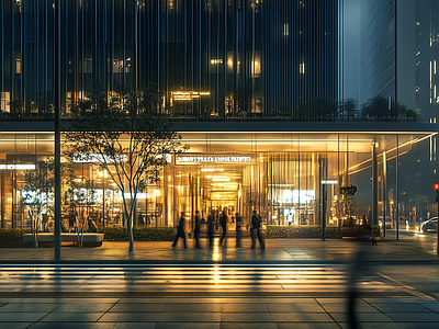 现代街道外景 现代城市街道夜景 商业街外景 人行道