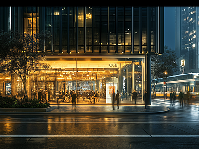 现代街道外景 现代城市街道夜景 人行道 商业街外景