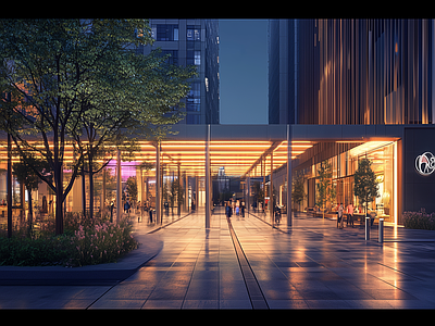 现代街道外景 现代城市街道夜景 道路 人行道 商业街外景