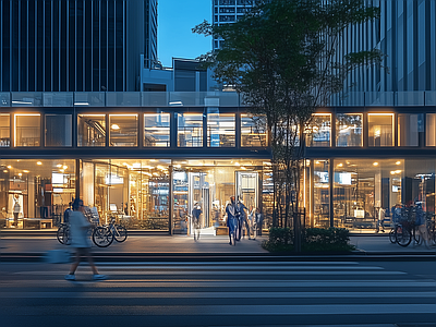 现代街道外景 现代城市街道夜景 人行道 商业街外景