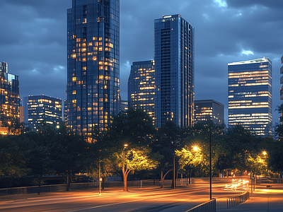 现代街道外景 现代城市高楼夜景 人行道 商业街外景