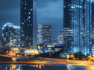 现代街道外景 现代城市高楼夜景 商业街外景 人行道 道路