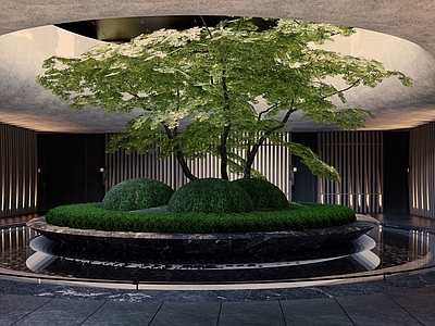 现代轻奢电梯厅 下沉庭院 地下车库厅 负一层 孤植树 精致水景