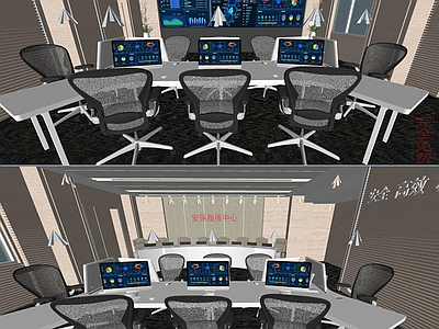 现代极简会议室 监控中心 监控室 大数据中心 办公桌椅组合 大显示屏