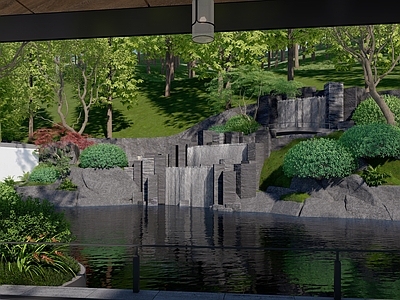 中式禅意别墅庭院 中式山水庭院 禅意景观 叠石瀑布造景 整石瀑布石材造景