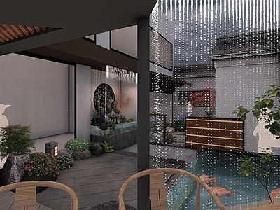 中式新中式别墅庭院 中式庭院 水帘雨帘 锦鲤鱼池 中式天井 下沉庭院