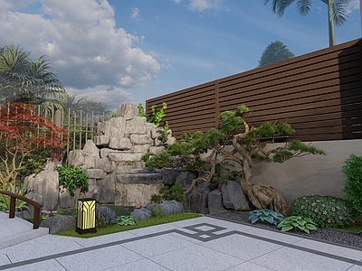 新中式现代别墅庭院 下沉庭院