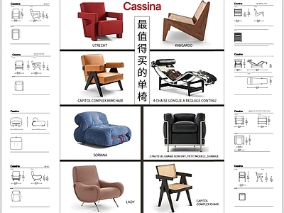 现代意式桌椅 Cassina 经典单椅图块 休闲椅平面图块 椅立面图块 施工图