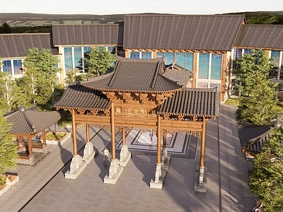 现代新中式酒店建筑 温泉酒店 地酒店 多层酒店 牌坊 大