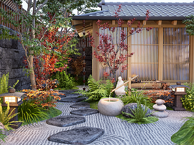 日式庭院 日式庭院景观造景 庭院小品 石头 灌木 枯山水 植物堆