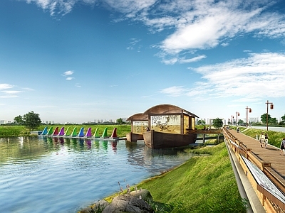 现代滨水景观 沿河 河道 河道小品