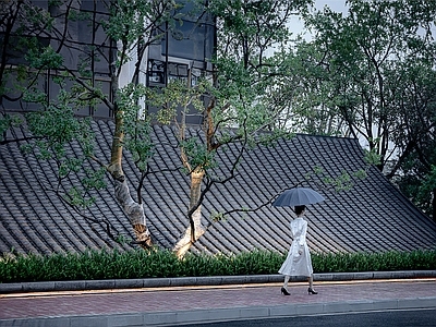 现代新中式街道外景 人行道