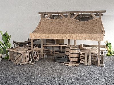 中古中式古建 中式古代摊位 中式集市摊位 酒坛木桶桌椅 现代户外露营帐篷