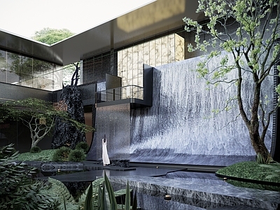新中式水景 下沉庭院 叠水 庭院水景 镜面水景