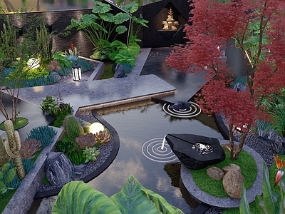 现代别墅庭院 现代 花园 庭院 水池 热带