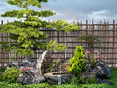 植物组合 现代石 水景 罗汉松造型树 置石 树造景