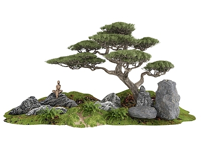 新中式现代室内景观 景观造景 景观小品 庭院景观 松树 庭院小品