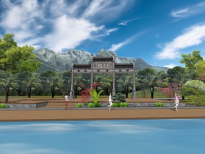 现代新中式牌坊牌楼 牌坊 寨 大 入口 水景