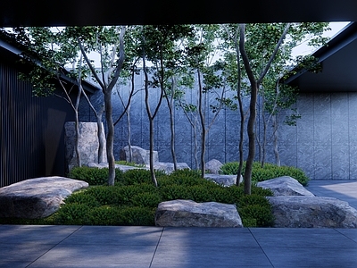 新中式中式庭院小品 天井庭院置石景观 下沉庭院景石造景 块石造景 天井庭院 示范区天井景观