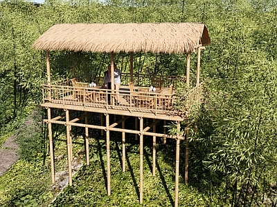 新中式景观公园 新中式竹林公园 竹林茅草屋 山地观景台 竹林登山步道 林间小筑吊脚楼