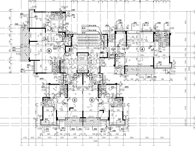 现代住宅楼建筑 户型放大平面图 风车型楼型平面图 施工图