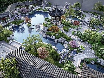 中式微地形 中式廊架长廊 置石水景 沿街绿化 示范区
