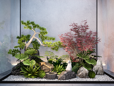 新中式庭院小品 新中式庭院植物 造景 景观小品 植物堆 松树 蕨类植物