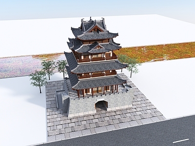 新中式中式古建 中式阁 鸟瞰阁