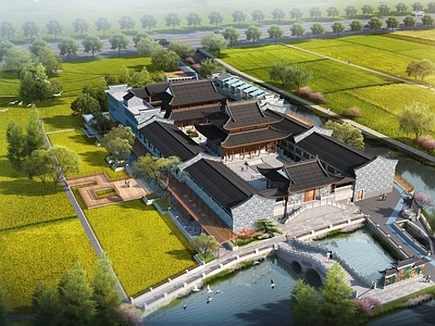 中式禅意寺庙建筑 寺院建筑 滨水景观 禅意建筑 长廊 石桥