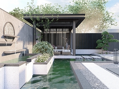 新中式现代别墅庭院 新中式庭院 水景 流水景墙 灯光