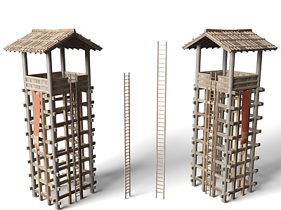 中式古建 瞭望塔 古代建筑 中式木头楼梯 瞭望防守塔