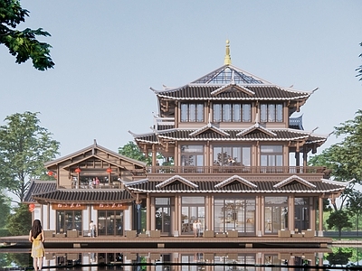 新中式中式风格建筑 新中式仿古建筑 新中式茶楼 仿古商业街