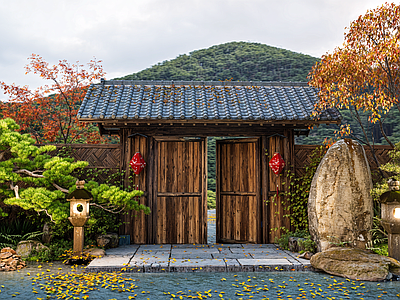 日式庭院小品 日式庭院门口景观 植物造景松树 植物堆假山石头