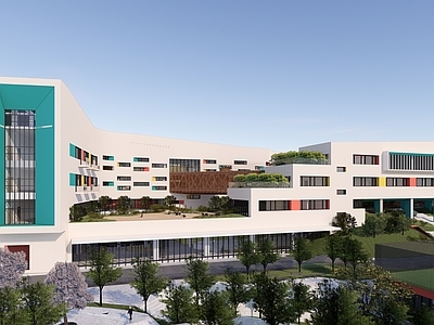 现代学校建筑 三层 回字形 彩色 自由开窗 小学