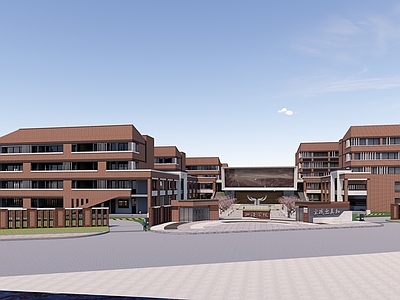 现代学校建筑 红砖 折线 中学