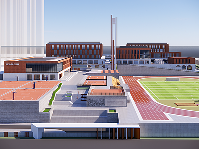 现代学校建筑 现代红学校 现代小学 现代红风中学