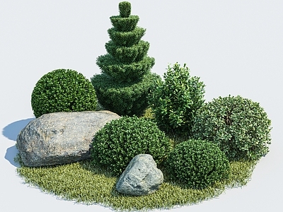 现代庭院小品 庭院绿植景观小品 石头 灌木球 景观树