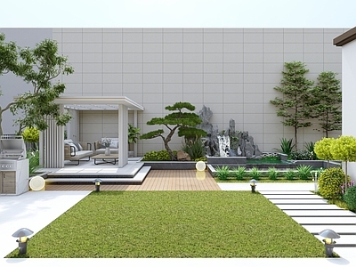 现代别墅庭院 现代庭院 景观凉亭 鱼池假山 现代花园