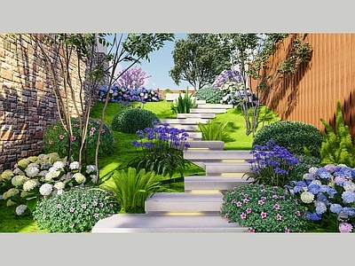 现代别墅庭院 下沉庭院 花园景观设计 台阶 木廊架